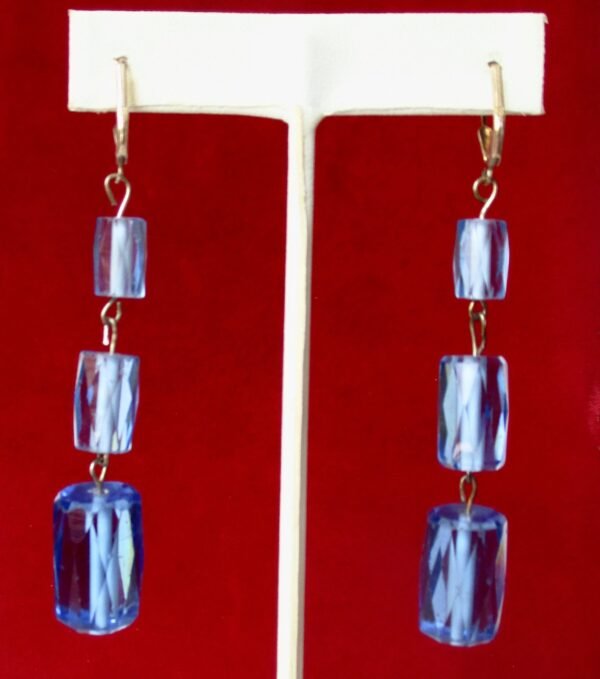 Pair of Deco Faceted Cylindrical Blue Crystal Earrings - Image 6