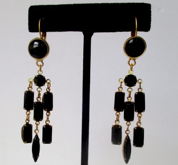 Pair of Victorian 3-Inch Black Glass  & Brass Gypsy Earrings/Boho/Shabby Chic/Gothic - Image 3