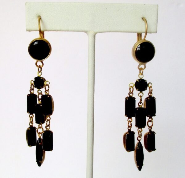 Pair of Victorian 3-Inch Black Glass  & Brass Gypsy Earrings/Boho/Shabby Chic/Gothic