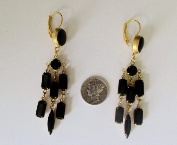 Pair of Victorian 3-Inch Black Glass  & Brass Gypsy Earrings/Boho/Shabby Chic/Gothic - Image 5