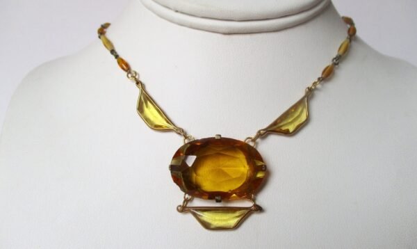 Antique Art-Deco Yellow Crystal Pendant Choker Necklace