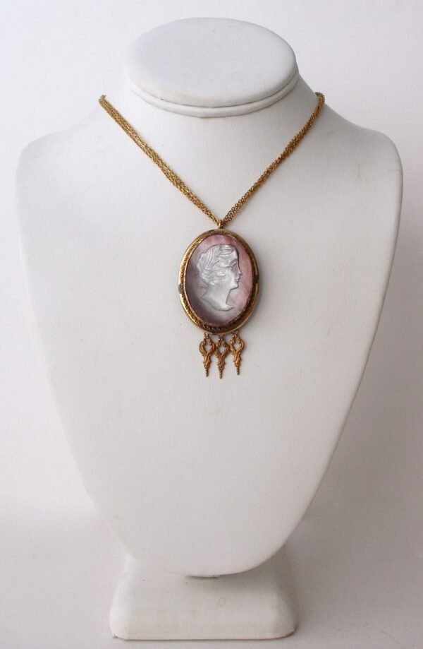 Antique Mother-of-Pearl Cameo & Brass Necklace - Image 2