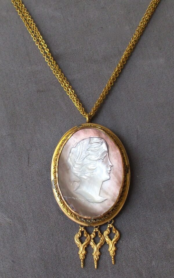 Antique Mother-of-Pearl Cameo & Brass Necklace - Image 5