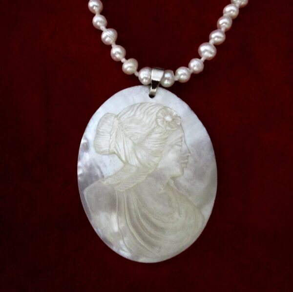 Vintage Cultured Pearl Necklace With Large Mother-of-Pearl Hand-Carved Pendant
