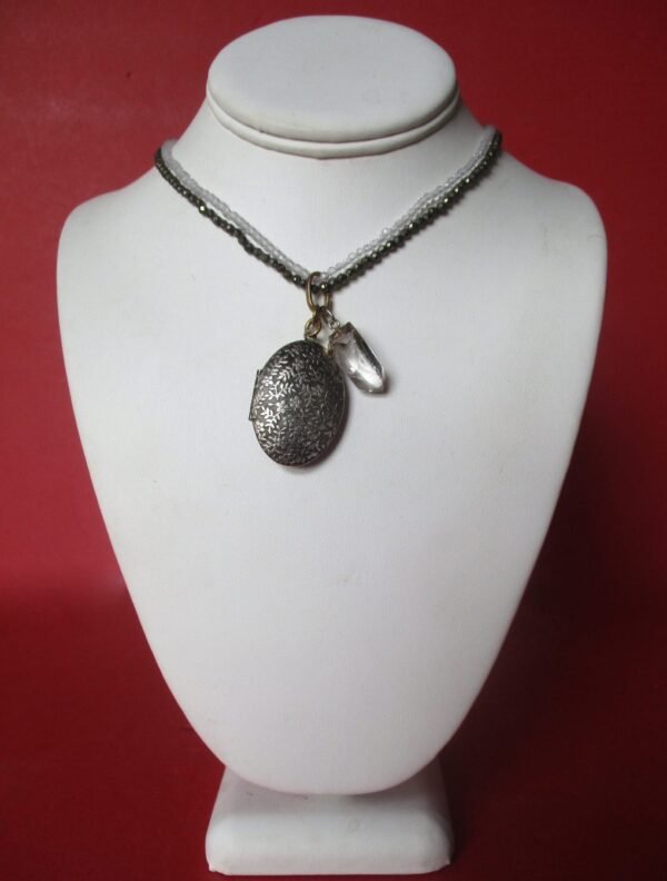 Vintage Double Locket Necklace With Natural Hematite Bead & Crystal Bead Necklace