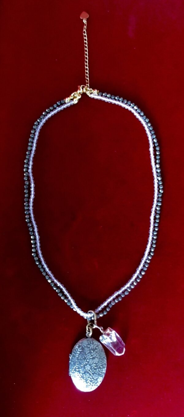 Vintage Double Locket Necklace With Natural Hematite Bead & Crystal Bead Necklace - Image 2
