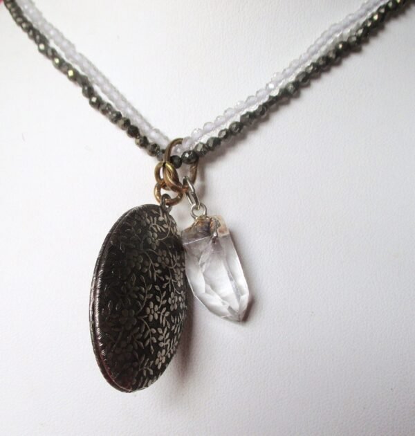 Vintage Double Locket Necklace With Natural Hematite Bead & Crystal Bead Necklace - Image 6