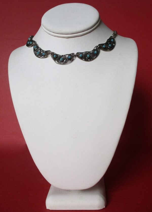 Vintage  Middle Eastern Sterling Silver & Turquoise Glass  Bead Choker Necklace - Image 2