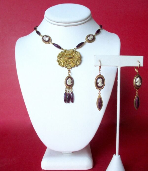 Antique Jewelry Set:  Brass &  Faceted Foiled Hand-Painted Glass Cameo Necklace With Matching Earrings/Boho