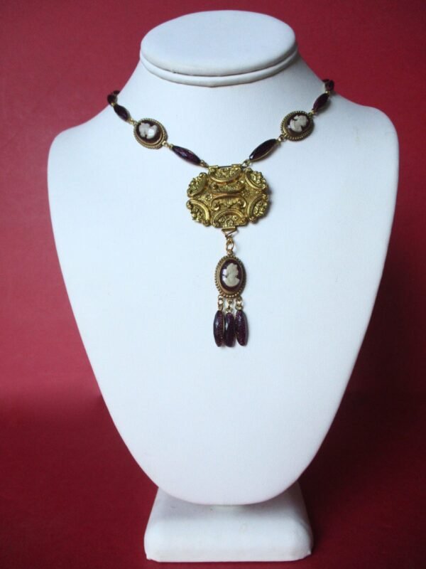 Antique Jewelry Set:  Brass &  Faceted Foiled Hand-Painted Glass Cameo Necklace With Matching Earrings/Boho - Image 2