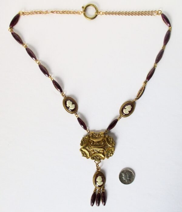 Antique Jewelry Set:  Brass &  Faceted Foiled Hand-Painted Glass Cameo Necklace With Matching Earrings/Boho - Image 3