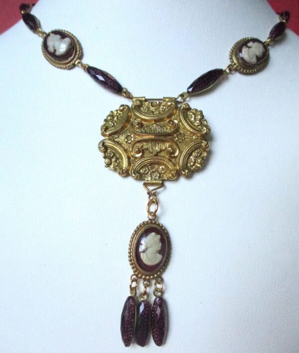 Antique Jewelry Set:  Brass &  Faceted Foiled Hand-Painted Glass Cameo Necklace With Matching Earrings/Boho - Image 4