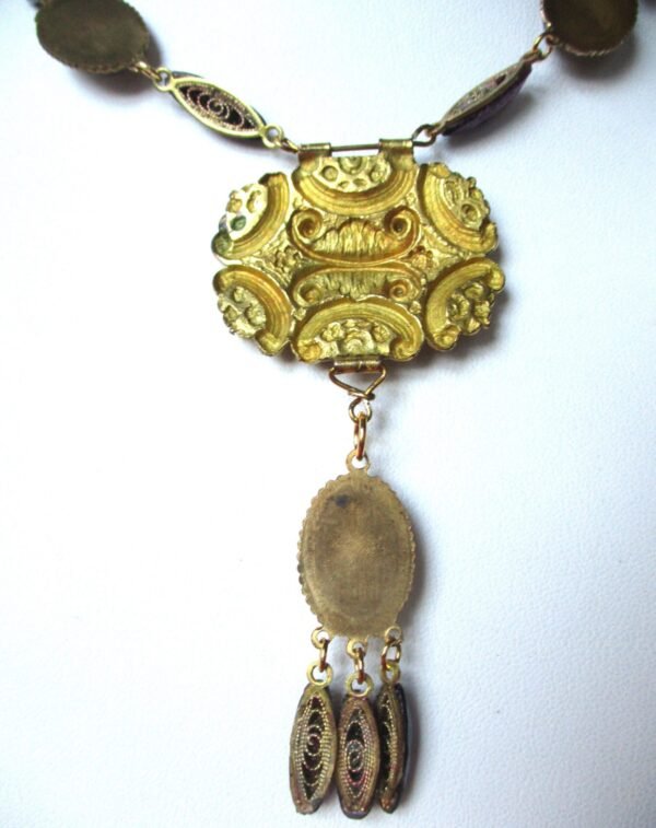 Antique Jewelry Set:  Brass &  Faceted Foiled Hand-Painted Glass Cameo Necklace With Matching Earrings/Boho - Image 9