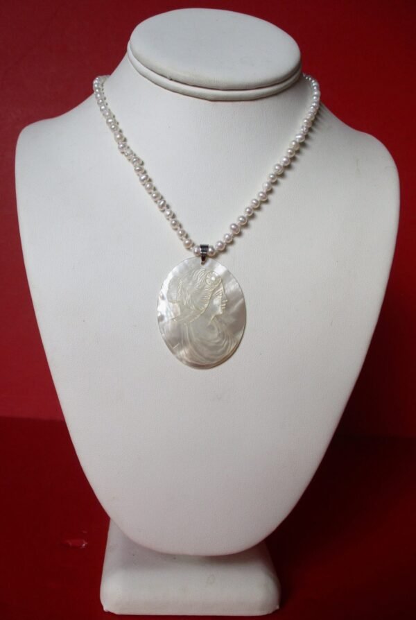 Vintage Cultured Pearl Necklace With Large Mother-of-Pearl Hand-Carved Pendant - Image 2