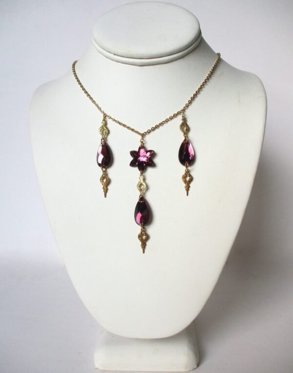 Vintage Jewelry Set:  Foiled Amethyst Glass Necklace With Matching Earrings - Image 3