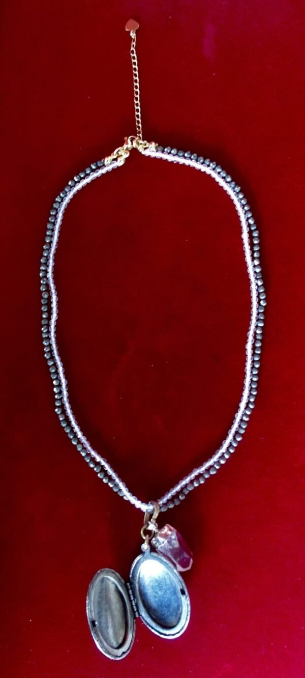 Vintage Double Locket Necklace With Natural Hematite Bead & Crystal Bead Necklace - Image 3
