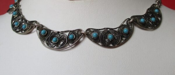 Vintage  Middle Eastern Sterling Silver & Turquoise Glass  Bead Choker Necklace - Image 3