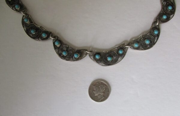 Vintage  Middle Eastern Sterling Silver & Turquoise Glass  Bead Choker Necklace - Image 4