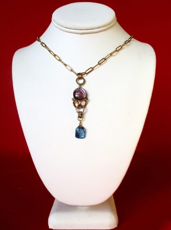 Antique Art-Deco Mauve & Blue Butterfly Wing Pendant/Necklace/Boho/Hippie