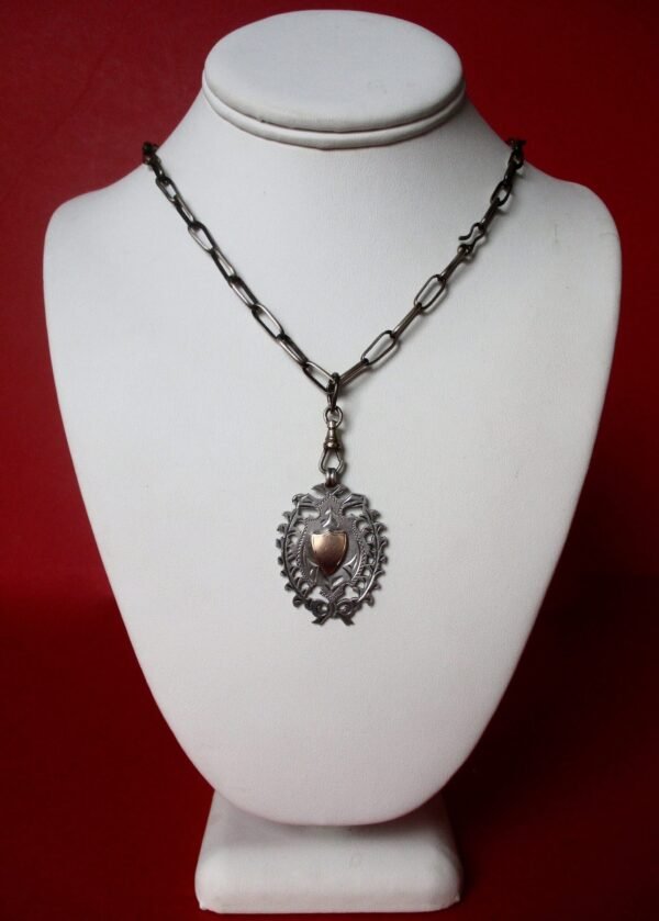 Antique Men's Sterling Silver & Rose Gold Medal Pendant  With Sterling Silver Link Chain