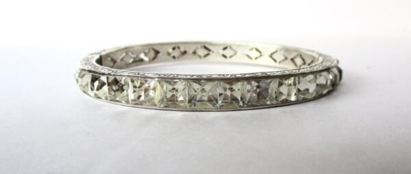 Antique Art-Deco Sterling Silver & Clear Paste Hinged Bangle Bracelet