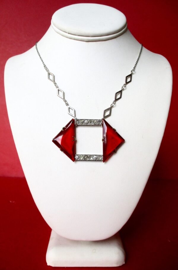 Antique Art-Deco Red Crystal Necklace With Clear Paste Stones
