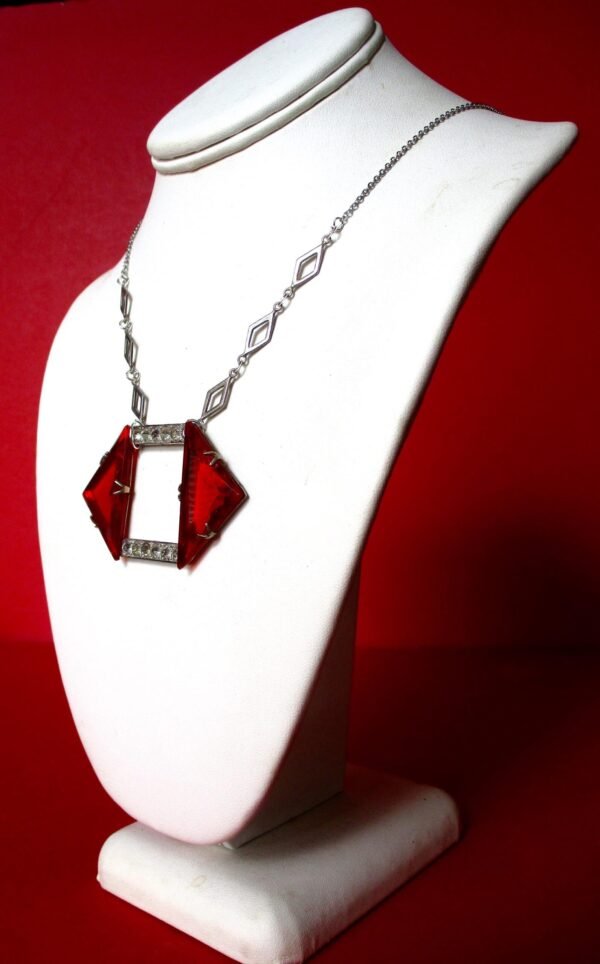 Antique Art-Deco Red Crystal Necklace With Clear Paste Stones - Image 4