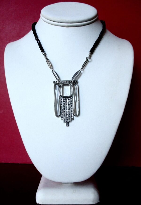 Antique Art-Deco Pendant Necklace With Black Glass Bead Chain