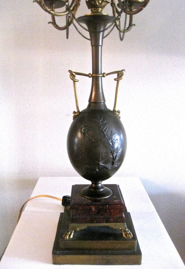 Henry Cahieux & Ferdinand Barbedienne (Signed)  Napoleon III-Era French Patinated Bronze Lamp With Marble Base and  Shade - Image 4