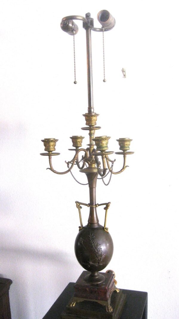 Henry Cahieux & Ferdinand Barbedienne (Signed)  Napoleon III-Era French Patinated Bronze Lamp With Marble Base and  Shade - Image 5
