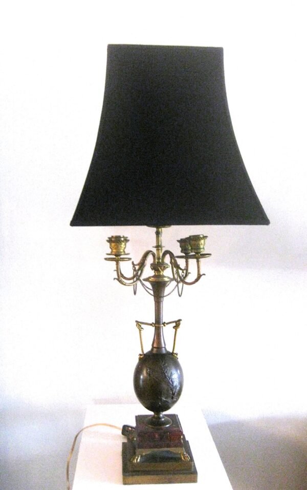 Henry Cahieux & Ferdinand Barbedienne (Signed)  Napoleon III-Era French Patinated Bronze Lamp With Marble Base and  Shade