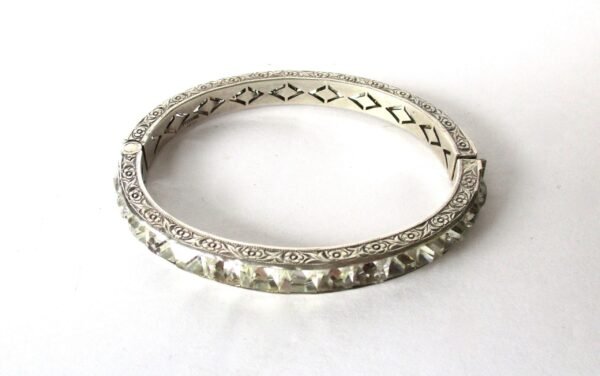 Antique Art-Deco Sterling Silver & Clear Paste Hinged Bangle Bracelet - Image 3