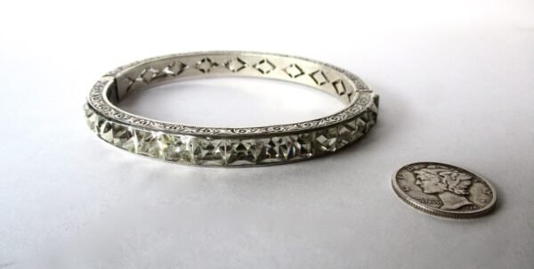 Antique Art-Deco Sterling Silver & Clear Paste Hinged Bangle Bracelet - Image 4