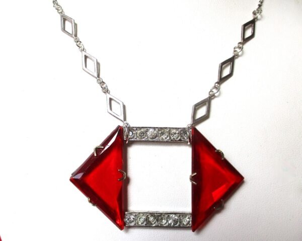 Antique Art-Deco Red Crystal Necklace With Clear Paste Stones - Image 2