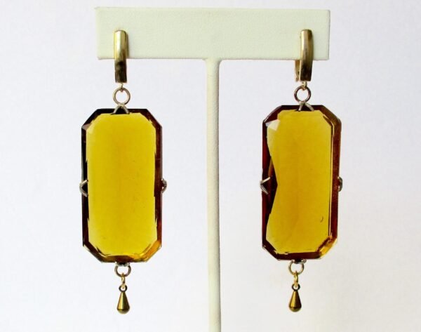 Pair of Art-Deco Large Faceted Citrine-Colored Crystal Earrings With Vermeil
