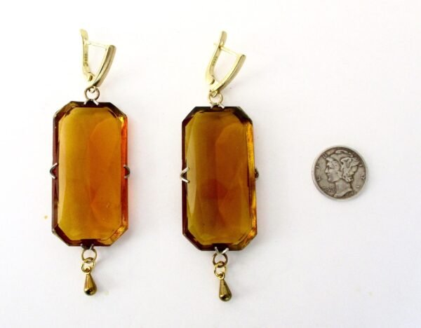 Pair of Art-Deco Large Faceted Citrine-Colored Crystal Earrings With Vermeil - Image 3