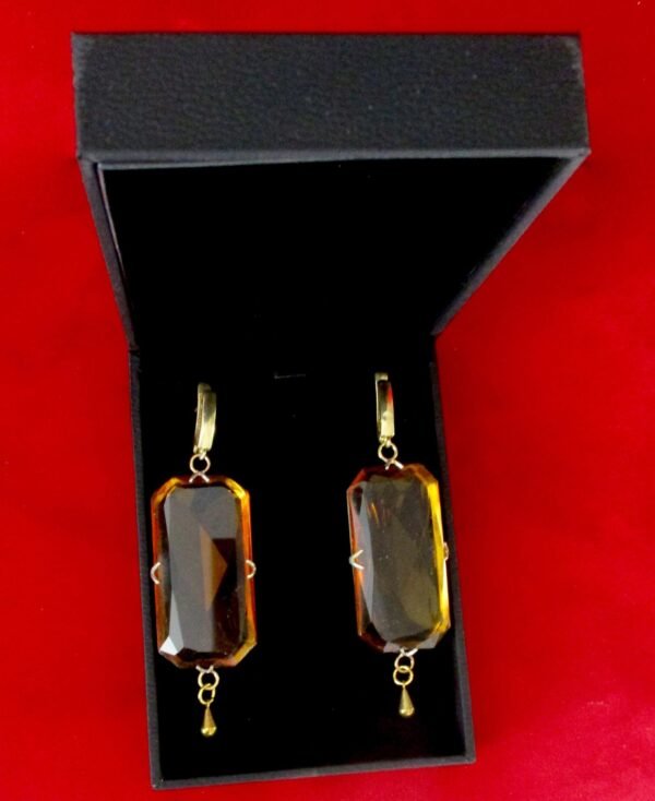 Pair of Art-Deco Large Faceted Citrine-Colored Crystal Earrings With Vermeil - Image 4