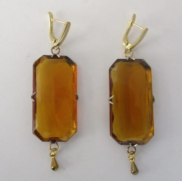 Pair of Art-Deco Large Faceted Citrine-Colored Crystal Earrings With Vermeil - Image 5