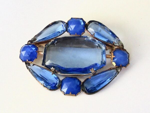 Vintage Large Clear & Opaque Blue Crystal Brooch Set in Brass from the 1940's