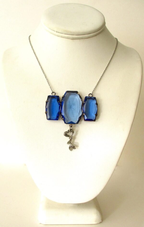 Antique Deco Large Blue Faceted Crystal Necklace With Marcasite "Drop" on a Stainless Steel Chain - Image 2