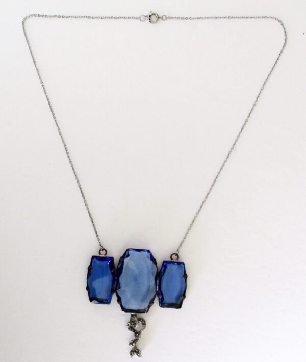 Antique Deco Large Blue Faceted Crystal Necklace With Marcasite "Drop" on a Stainless Steel Chain - Image 4