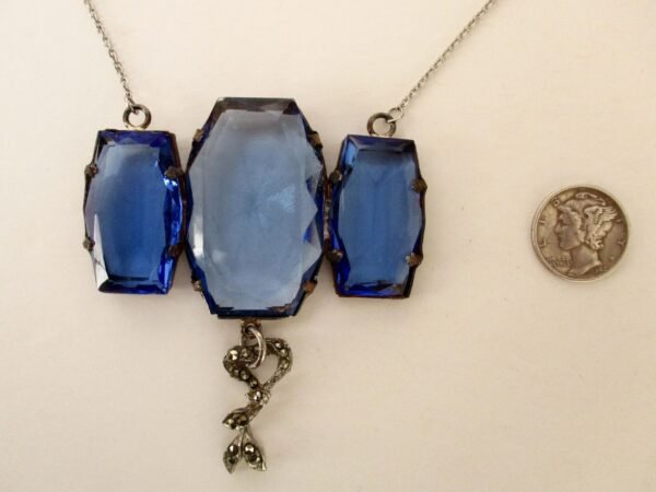 Antique Deco Large Blue Faceted Crystal Necklace With Marcasite "Drop" on a Stainless Steel Chain - Image 5