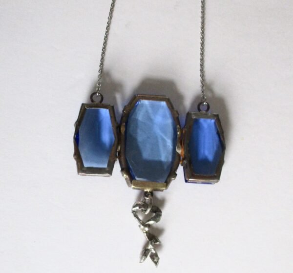 Antique Deco Large Blue Faceted Crystal Necklace With Marcasite "Drop" on a Stainless Steel Chain - Image 6