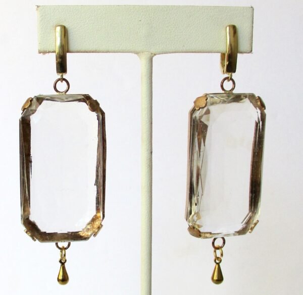 Pair of Deco Faceted Clear Crystal 3-Inch Earrings With Vermeil