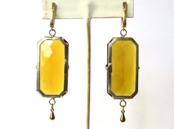Pair of Art-Deco Large Faceted Citrine-Colored Crystal Earrings With Vermeil - Image 6