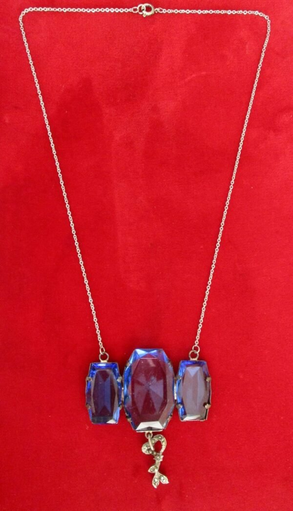 Antique Deco Large Blue Faceted Crystal Necklace With Marcasite "Drop" on a Stainless Steel Chain - Image 3