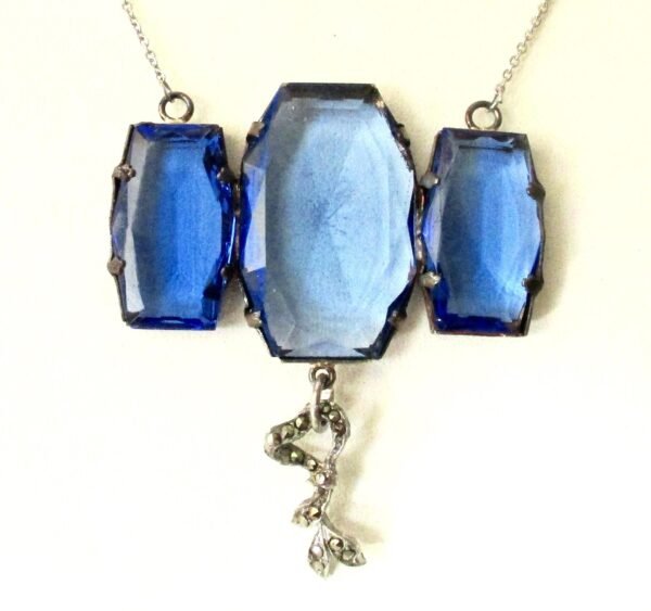 Antique Deco Large Blue Faceted Crystal Necklace With Marcasite "Drop" on a Stainless Steel Chain