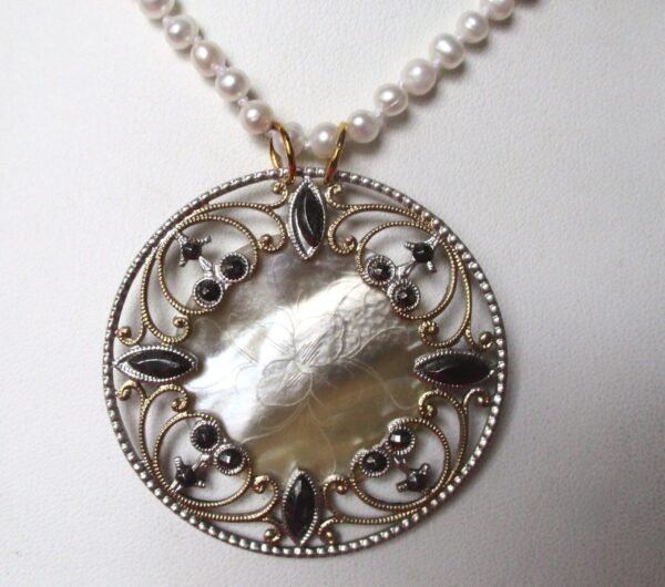 Antique Cut Steel & Mother-of-Pearl Pendant Choker Necklace/Wedding/Boho/ - Image 2