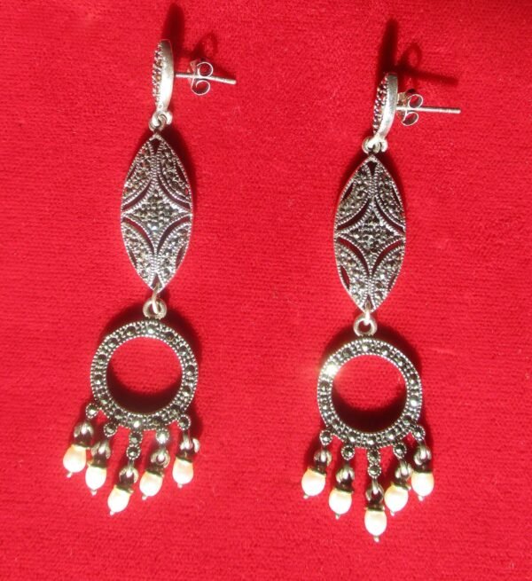 Pair of Vintage Sterling Silver, Marcasite & Cultured Pearl Earrings/Boho/Hippie/Wedding - Image 2
