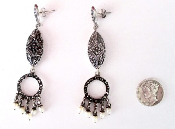 Pair of Vintage Sterling Silver, Marcasite & Cultured Pearl Earrings/Boho/Hippie/Wedding - Image 4